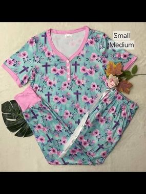 Floral Cross Print Pajama Set - Pink & Teal